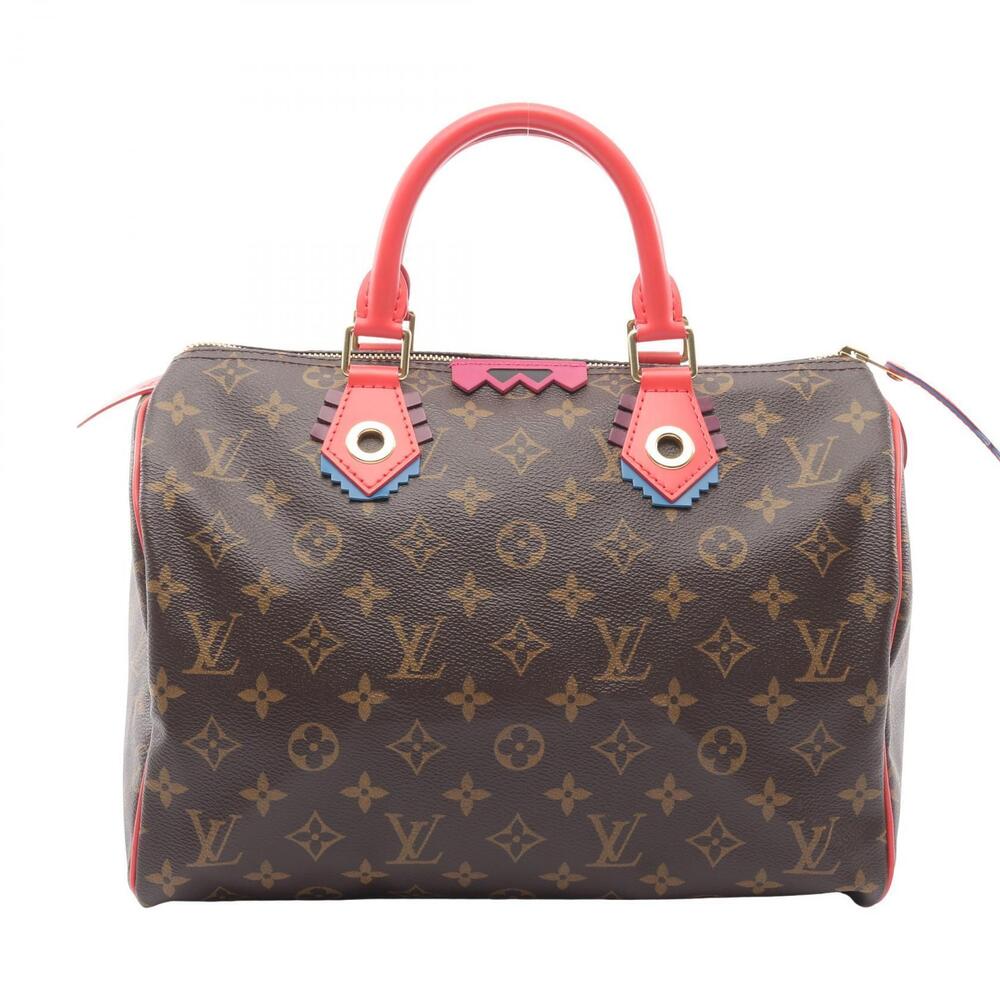 Louis Vuitton Speedy Monogram Totem Flamingo Handbag Canvas Leather Brown Red